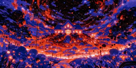 4K Ultra HD PC desktop wallpaper and background: A luminous house atop a hill under a star-filled night sky, American flag waving amid glowing flowers — a surreal American Dream scene.