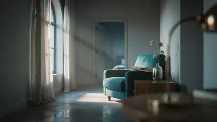 4K Ultra HD PC desktop wallpaper: sunlit interior with ambient light, window casting shadows on a teal armchair.