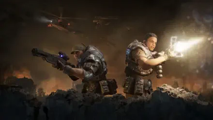 Gears of War: E-Day 2K Quad HD PC desktop wallpaper showing two armored soldiers back-to-back firing weapons on a fiery battlefield as helicopters hover overhead.