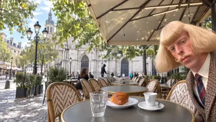 Meme portrait of Jean Philanthrope: a man with a bowl haircut peeking at a cafe table with coffee and croissant, cathedral in the sunlit background — 4K Ultra HD PC wallpaper.