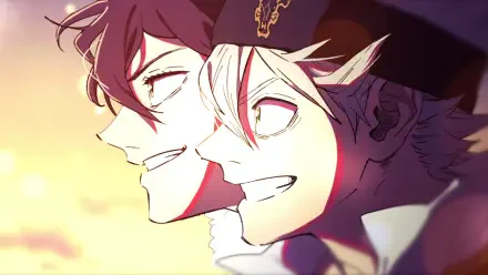 Anime Black Clover HD PC desktop wallpaper: close-up side profiles of Yuno and Asta smiling toward a warm sunset sky.