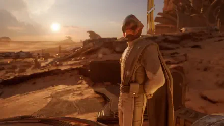Star Wars: Galactic Racer 4K Ultra HD PC desktop wallpaper — desert sunset with a cloaked soldier in futuristic armor standing beside a speeder amid rocky dunes.