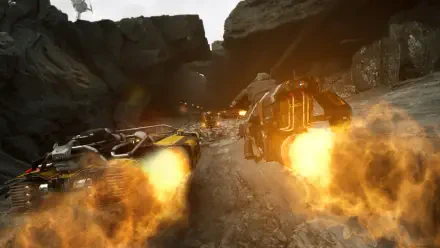 Star Wars: Galactic Racer 4K Ultra HD PC desktop wallpaper of two spaceships racing through a rocky canyon, engines blazing orange and dust trailing behind them.