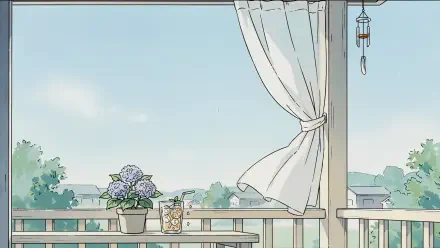 Minimalist summer balcony with a flowing white curtain and potted flowers, illustrated 4K Ultra HD desktop wallpaper.