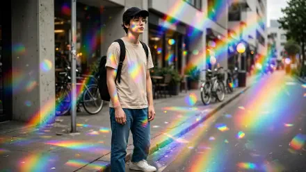 Normcore man on a city street with rainbow light across the pavement, 4K Ultra HD PC desktop wallpaper and background.
