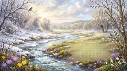 March 2027 calendar over a snowy winter river landscape with flowering banks, presented as a 5K Ultra HD PC desktop wallpaper background.