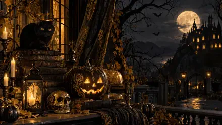 4K Ultra HD Halloween aesthetic PC desktop wallpaper featuring a glowing jack-o’-lantern, black cat, candles, and a moonlit haunted village.