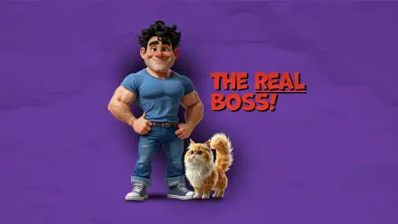 Funny cartoon man and fluffy pet cat with “The Real Boss!” text on a purple 2K Quad HD PC desktop wallpaper.