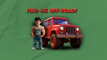 Funny cartoon adventurer beside a red off-road jeep beneath “Find Me Off-Road!” on a green 2K Quad HD PC desktop wallpaper.