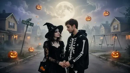 Halloween couple in witch and skeleton costumes under a full moon, 4K Ultra HD PC desktop wallpaper and background.