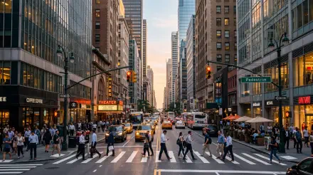 5K Ultra HD desktop wallpaper of pedestrians crossing a busy downtown city street beneath towering skyscrapers at dusk.