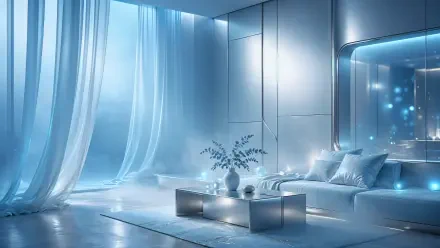 Blue ambient light fills a modern living room with a sleek sofa, featured in a 4K Ultra HD PC desktop wallpaper and background.