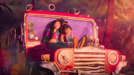 DreamWorks Animation’s Forgotten Island: two women ride in a colorful vintage car in this 2K Quad HD PC desktop wallpaper and background.