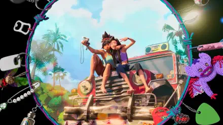 Forgotten Island DreamWorks Animation 2K Quad HD PC desktop wallpaper featuring a woman and companion beside a truck on a tropical island.