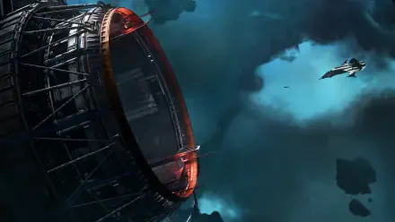 Star Citizen and Squadron 42 sci-fi 4K desktop wallpaper of a spaceship near a massive space station amid blue nebula clouds.