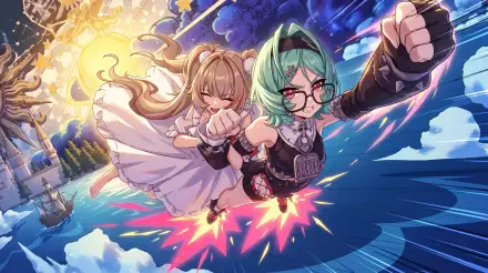 Roxy and a pink-haired anime girl soar through a colorful action scene in Zenless Zone Zero, 5K Ultra HD desktop wallpaper.