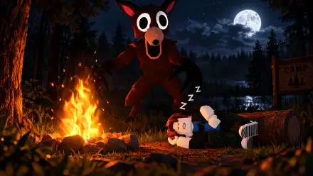 Roblox 99 Nights in the Forest monster looms over a sleeping camper beside a glowing campfire under the moon, 4K Ultra HD PC desktop wallpaper.
