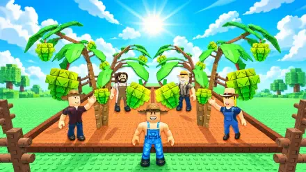 Roblox Grow a Garden voxel art scene with players among palm trees on a sunny farm, 4K Ultra HD PC desktop wallpaper