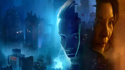 Blade Runner 2099 cyberpunk portrait of Michelle Yeoh and Hunter Schafer against a neon city, 5K Ultra HD PC desktop wallpaper.