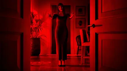 Other Mommy horror wallpaper: a woman stands in a doorway under eerie red lighting, 4K Ultra HD PC desktop background.