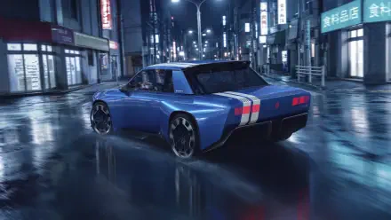 Blue Renault 8 Gordini concept sports car on a rain-slick neon city street, HD desktop wallpaper and background
