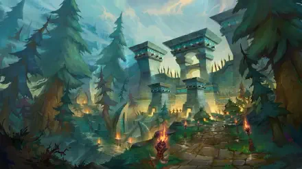 World of Warcraft: Midnight 5K Ultra HD PC wallpaper featuring ancient ruins, towering forest trees, and a glowing fantasy stronghold.