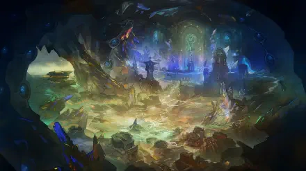 World of Warcraft: Midnight cave with glowing arcane ruins, 4K Ultra HD PC desktop wallpaper and background.