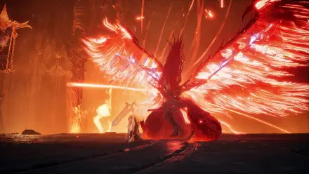 Aion 2 HD PC desktop wallpaper featuring a blazing phoenix with fiery wings against a dark volcanic backdrop.