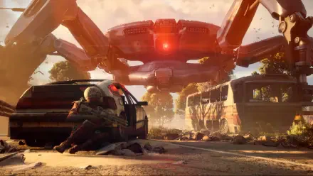 ARC Raiders sci-fi desktop wallpaper of a massive spaceship hovering over post-apocalyptic ruins as a lone survivor takes cover.