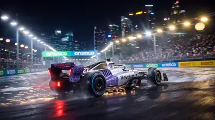 Audi R26 F1 race car speeding through a rain-soaked city circuit at night, 5K Ultra HD PC desktop wallpaper background.