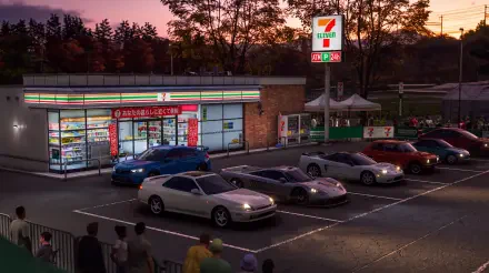 Forza Horizon 6 Japan car meet outside a 7-Eleven convenience store at sunset, 5K Ultra HD PC desktop wallpaper background.