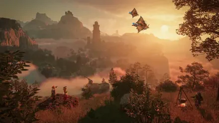 Enshrouded fantasy landscape at sunset, with misty mountains, forested cliffs, and flying creatures—HD PC desktop wallpaper.