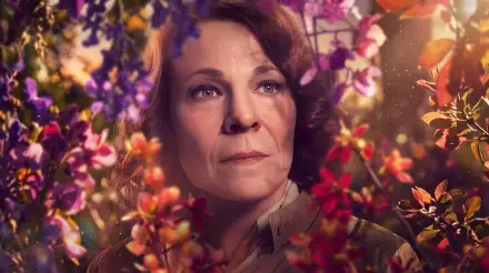 Mags from The Hunger Games in a floral portrait surrounded by vibrant blossoms, 5K Ultra HD PC desktop wallpaper.