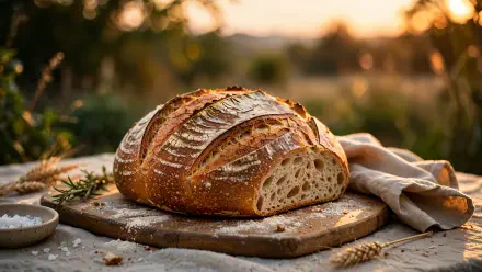Golden-hour sourdough bread loaf on a wooden board, 4K Ultra HD PC desktop wallpaper and background.
