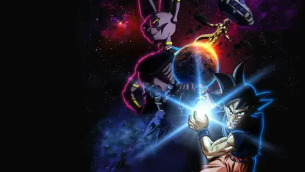 Dragon Ball Super: BEERUS 4K Ultra HD PC desktop wallpaper featuring Beerus looming over Goku as he channels glowing energy beside Earth.