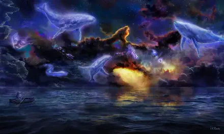 Surreal sci-fi fantasy ocean landscape with glowing storm clouds and cosmic light, 8K Ultra HD PC desktop wallpaper and background.