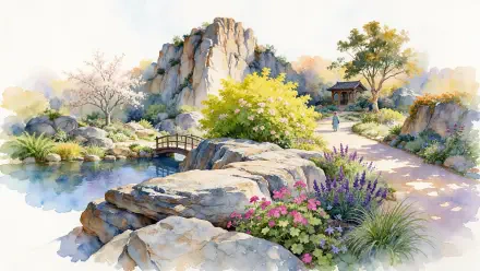 Watercolor rock garden with a tranquil pond, stone bridge, flowering plants, and mountain landscape, 4K Ultra HD PC desktop wallpaper background.