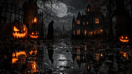 Dark Halloween haunted house with glowing jack-o’-lanterns and a moonlit, reflective path, 4K Ultra HD PC desktop wallpaper and background.