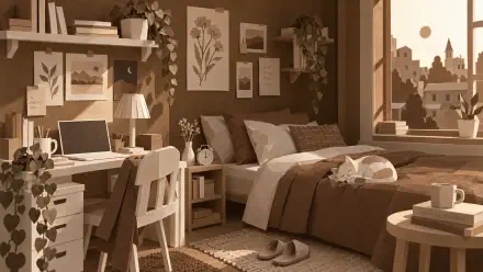 Brown aesthetic bedroom interior with a cat curled up on the bed, featured in a 4K Ultra HD PC desktop wallpaper and background.