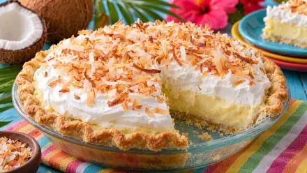 Coconut cream pie with whipped cream and toasted coconut, featured in a vibrant 4K Ultra HD PC desktop wallpaper.