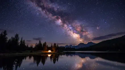 5K Ultra HD desktop wallpaper of the Milky Way and starry night sky reflected across a calm lake, framed by forest and distant mountains.