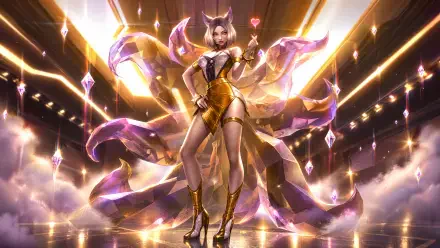 K/DA Ahri in a glowing gold stage outfit, surrounded by radiant pink and gold effects, in a 4K Ultra HD PC desktop wallpaper.