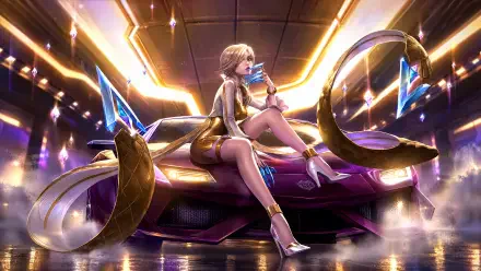 K/DA Evelynn lounges on a futuristic purple sports car in a glowing sci-fi scene, 4K Ultra HD PC desktop wallpaper.