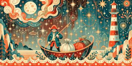 Whimsical smuggler sailing a decorated boat past a lighthouse beneath a starry sky, 4K Ultra HD desktop wallpaper background.