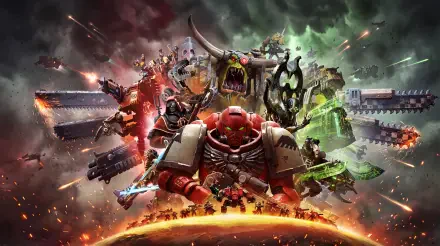 Warhammer 40,000: Dawn of War IV battle scene with a red-armored Space Marine, 5K Ultra HD PC desktop wallpaper and background.