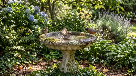Birds bathing at a stone birdbath in a lush garden, 5K Ultra HD PC desktop wallpaper background.