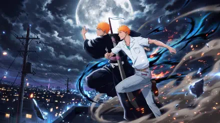 5K Ultra HD Bleach: Thousand-Year Blood War desktop wallpaper of Ichigo Kurosaki beneath a full moon over a glowing city.