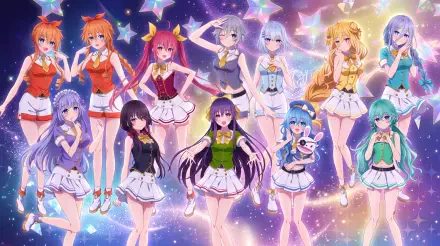 Date A Live anime girls in colorful idol outfits against a sparkling backdrop, 5K Ultra HD PC desktop wallpaper and background.