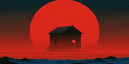 Silhouette of a chicken coop house beneath a giant red sun on a dramatic landscape, 4K Ultra HD desktop wallpaper.