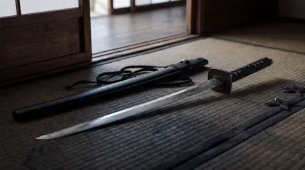 Katana sword and black scabbard on a traditional Japanese floor, featured in a 5K Ultra HD PC desktop wallpaper and background.